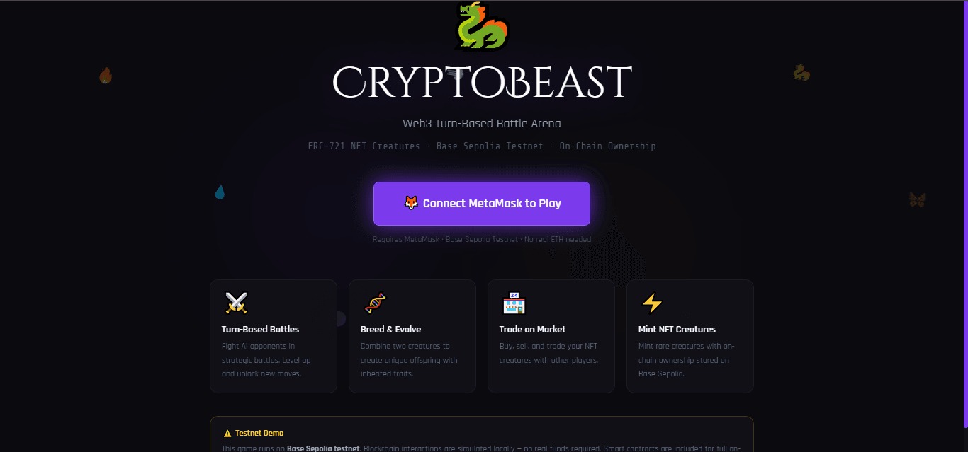 Screenshot of CryptoBeast - Web3 Turn-Based Battle Arena Game